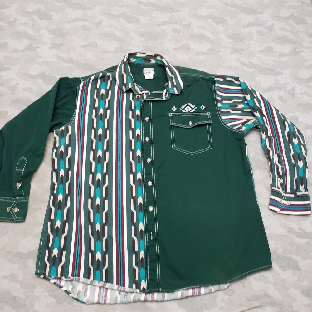Western Frontier Shirt Mens XL Green Embroidered Long Sleeve Button Southwestern